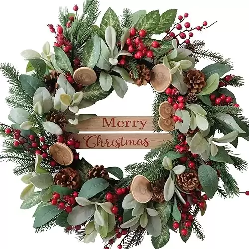 Bibelot 24 Inch Artificial Christmas Wreath with Lamb Leaves,Pine Cones and Red Berries