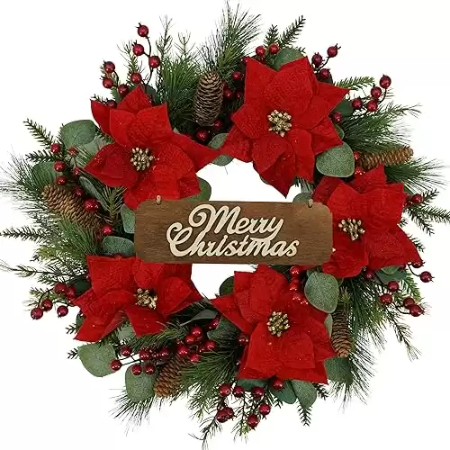 Artificial Christmas Wreath with Poinsettia, Eucalyptus Leaves, red Berry, Pine Cones, Pine Needles