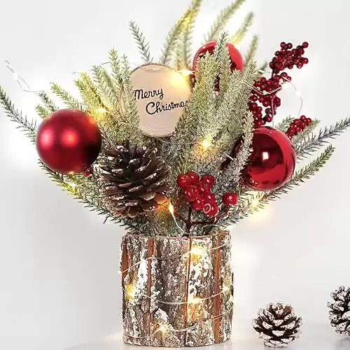 Small Table Top Christmas Tree with Lights, Mini Christmas Tree Decorations with Merry Christmas Pine Cones Berries Balls Ornaments